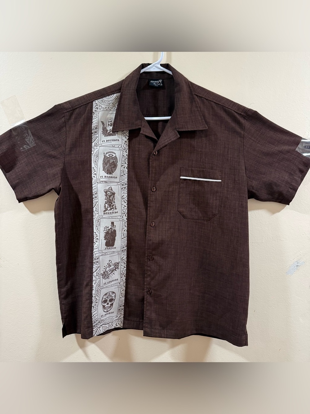Steady last call L bowling Mexican Loteria-Style Brown Guayabera Shirt
